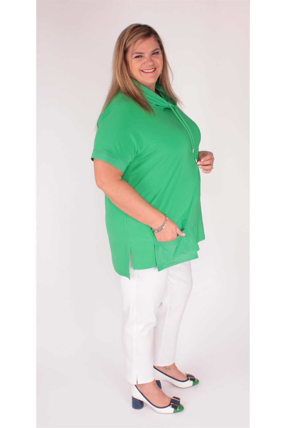 Green Stand Collar Two-Tone Top